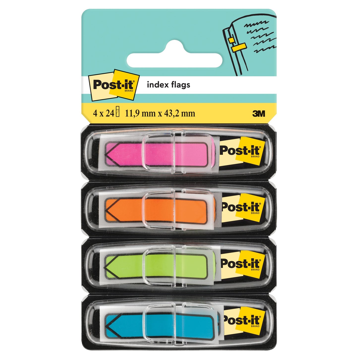 Post-it® Index Arrow Flags Blue Orange Pink and Green 11.9 mm x 43.2 mm 24 Flags/Dispenser 4 Dispensers/Pack
