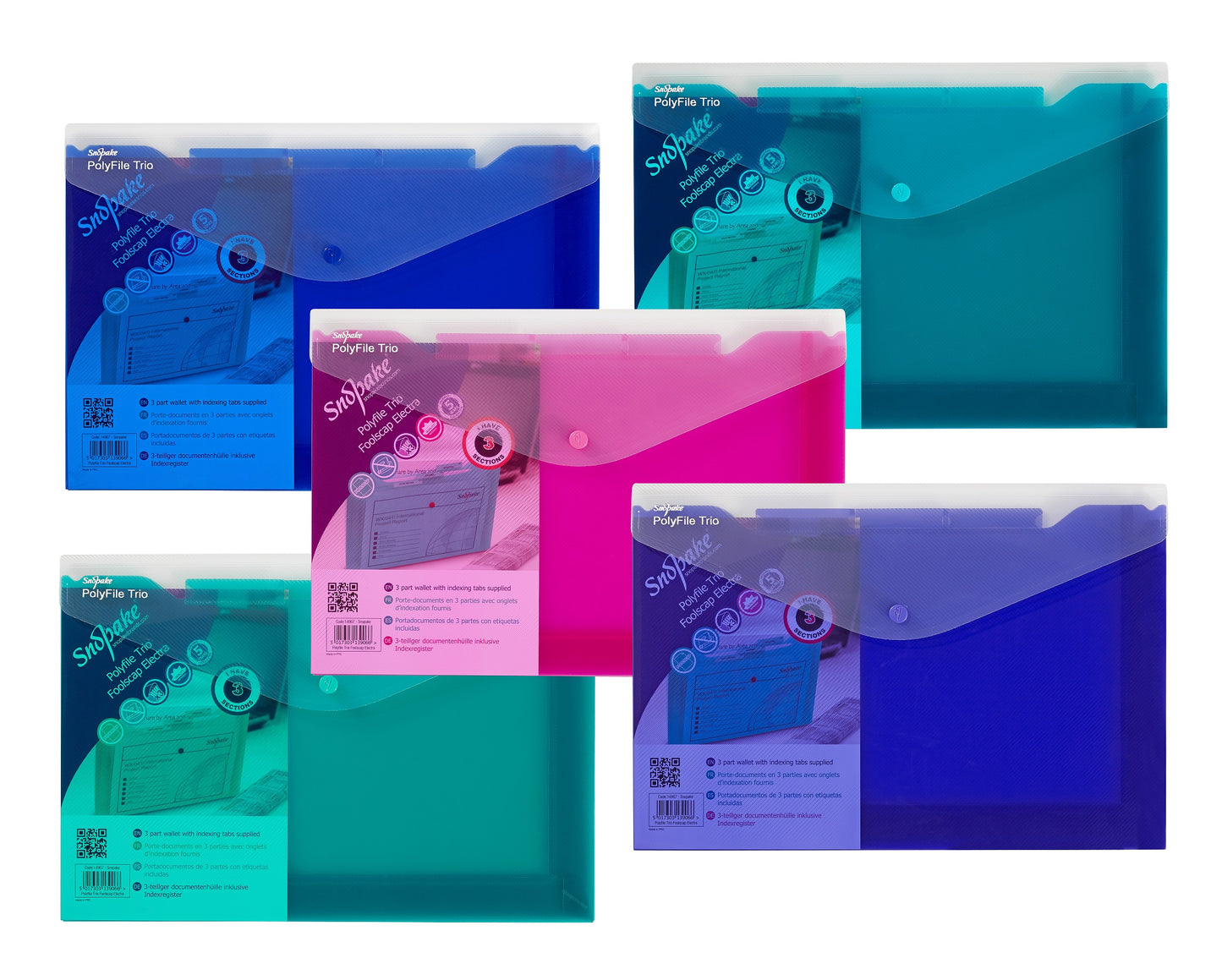 Snopake Polyfile Trio Wallet File Polypropylene Foolscap Electra Assorted Colours (Pack 5) - 14967