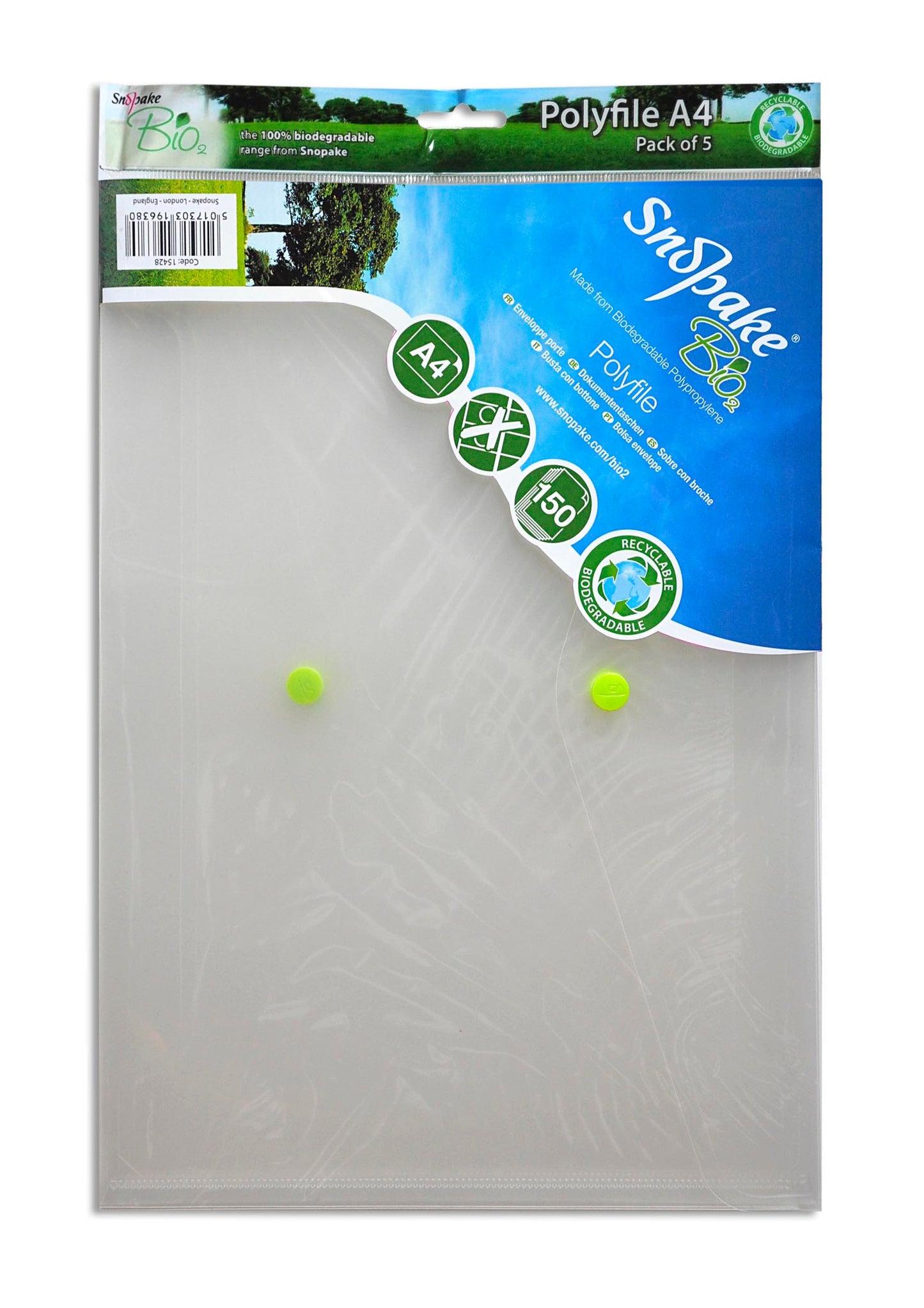 Snopake Bio Polyfile Wallet File Polypropylene A4 Clear (Pack 5) - 15428