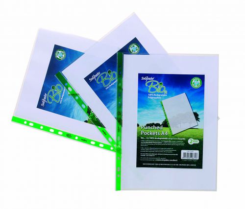 Snopake Bio Multi Punched Pocket Polypropylene A4 55 Micron Green Strip Embossed Top Opening Clear (Pack 25) - 15439