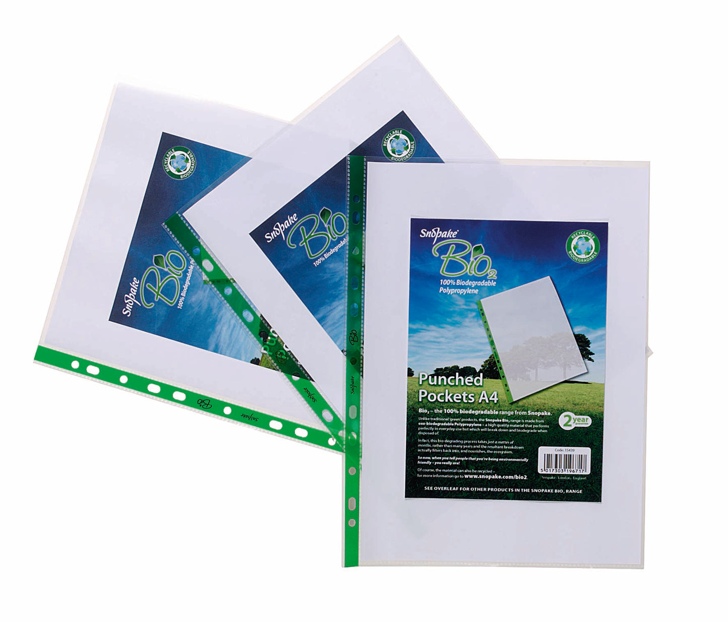 Snopake Bio Multi Punched Pocket Polypropylene A4 55 Micron Green Strip Embossed Top Opening Clear (Pack 100) - 15440