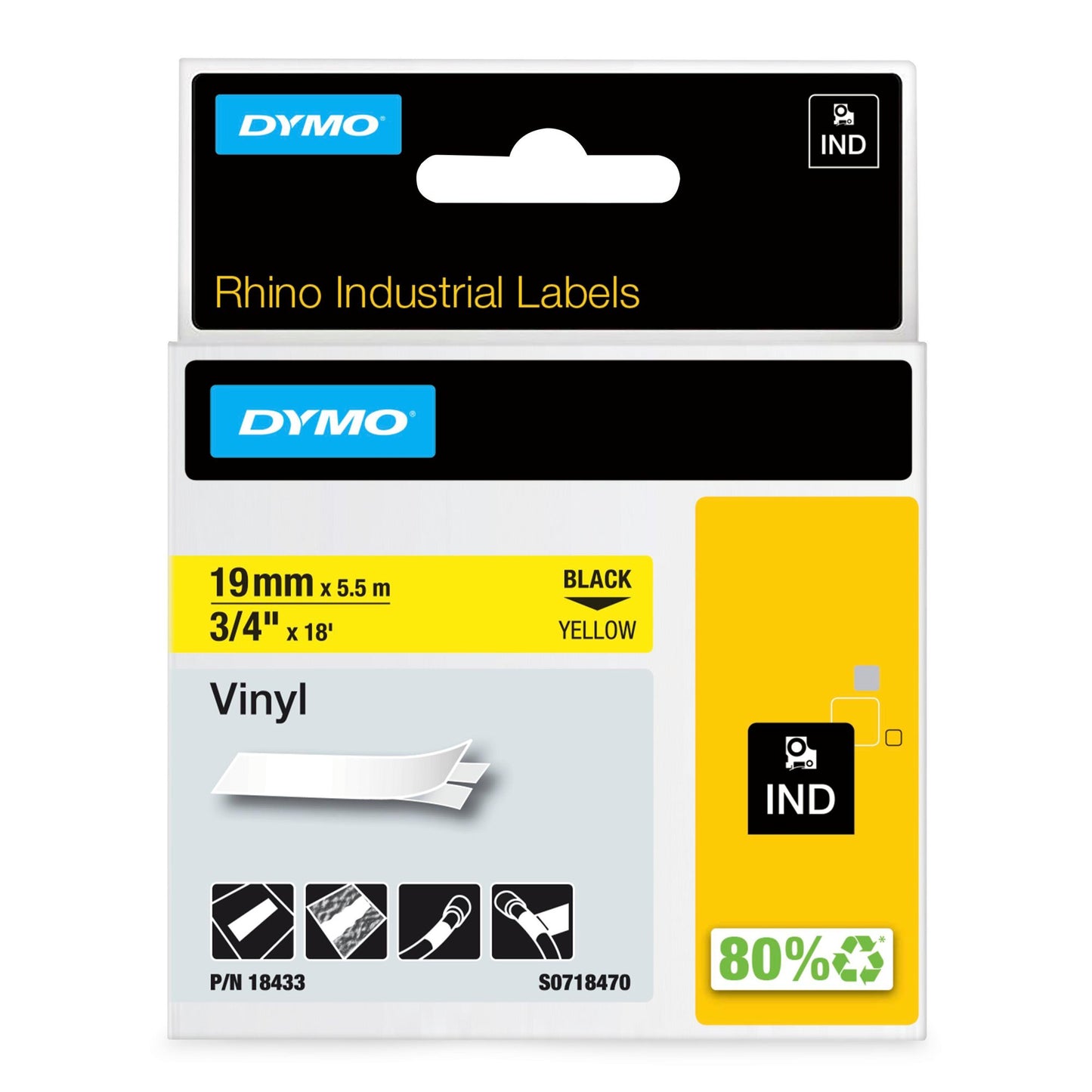 Original Dymo 18433/S0718470 Ribbon Vinyl black on yellow 19mm x 5.5m for Dymo Rhino 6-19mm/24mm