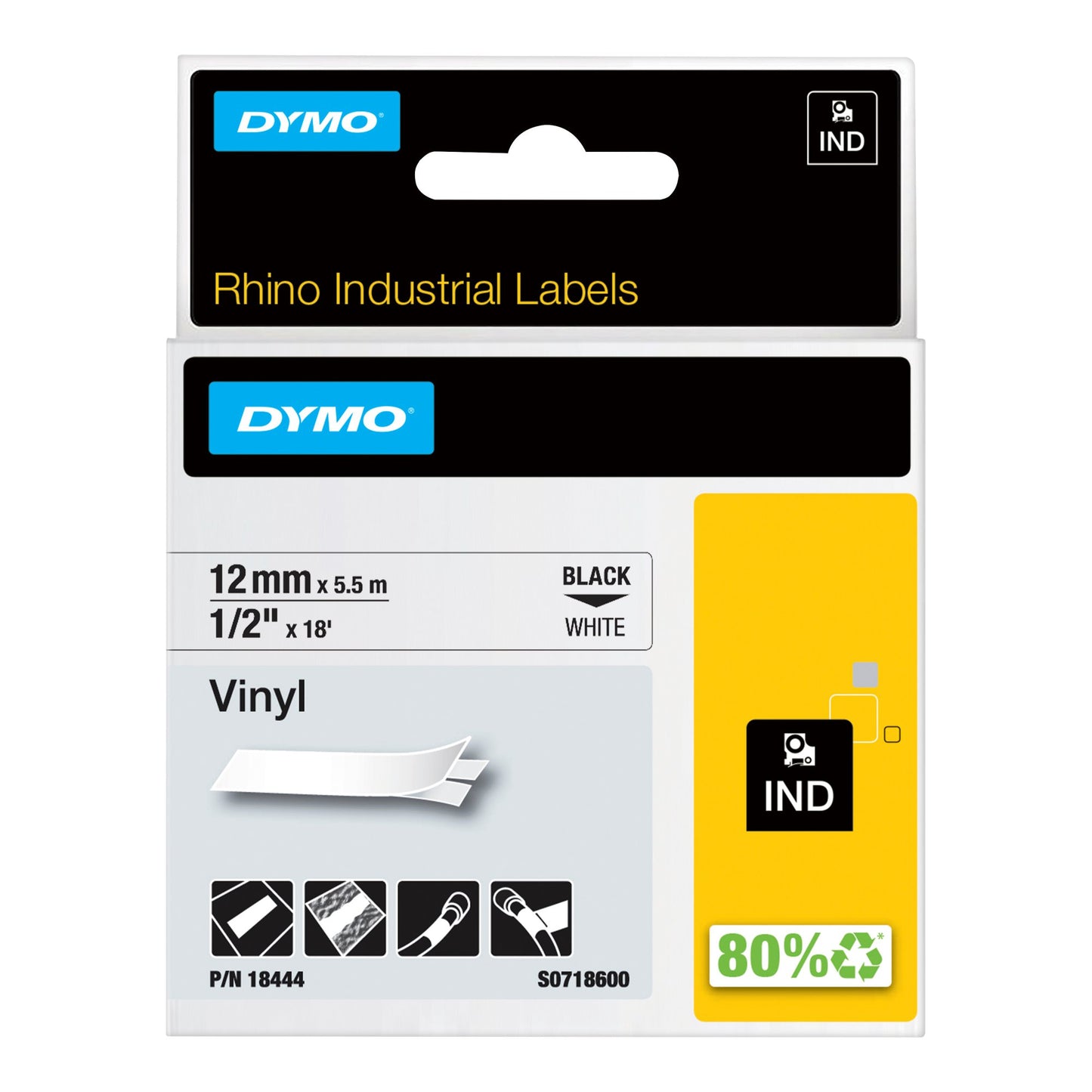 Original Dymo 18444/S0718600 Ribbon Vinyl black on white 12mm x 5.5m for Dymo Rhino 6-12mm/19mm/24mm