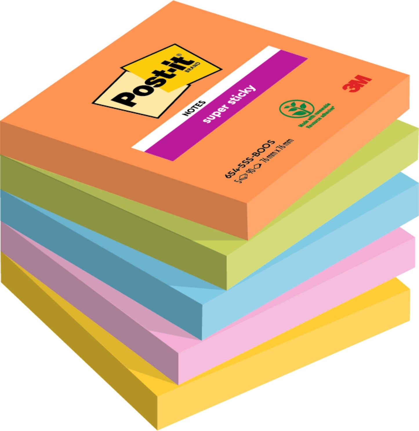 Post-it® Super Sticky Notes Boost Colour Collection 76 mm x 76 mm 90 Sheets/Pad 5 Pads/Pack 100% PEFC SGSCH-PEFC-COC-110078
