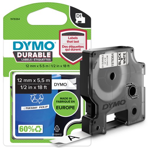 Dymo D1 Label Tape Durable 12mmx5.5m Black on White - 1978364