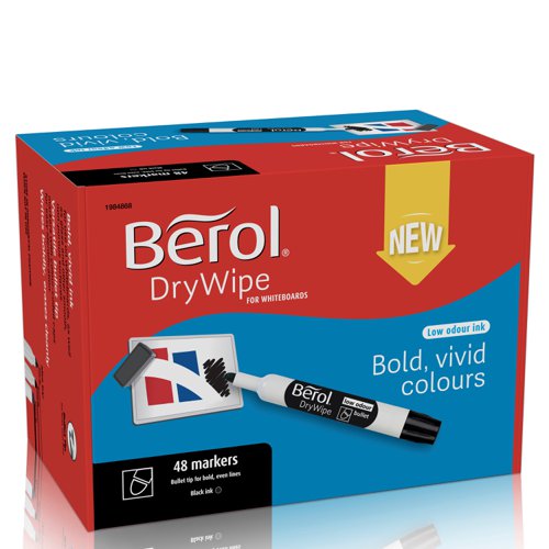 Berol Dry Wipe Whiteboard Marker Bullet Tip 2mm Line Black (Pack 48) - 1984868