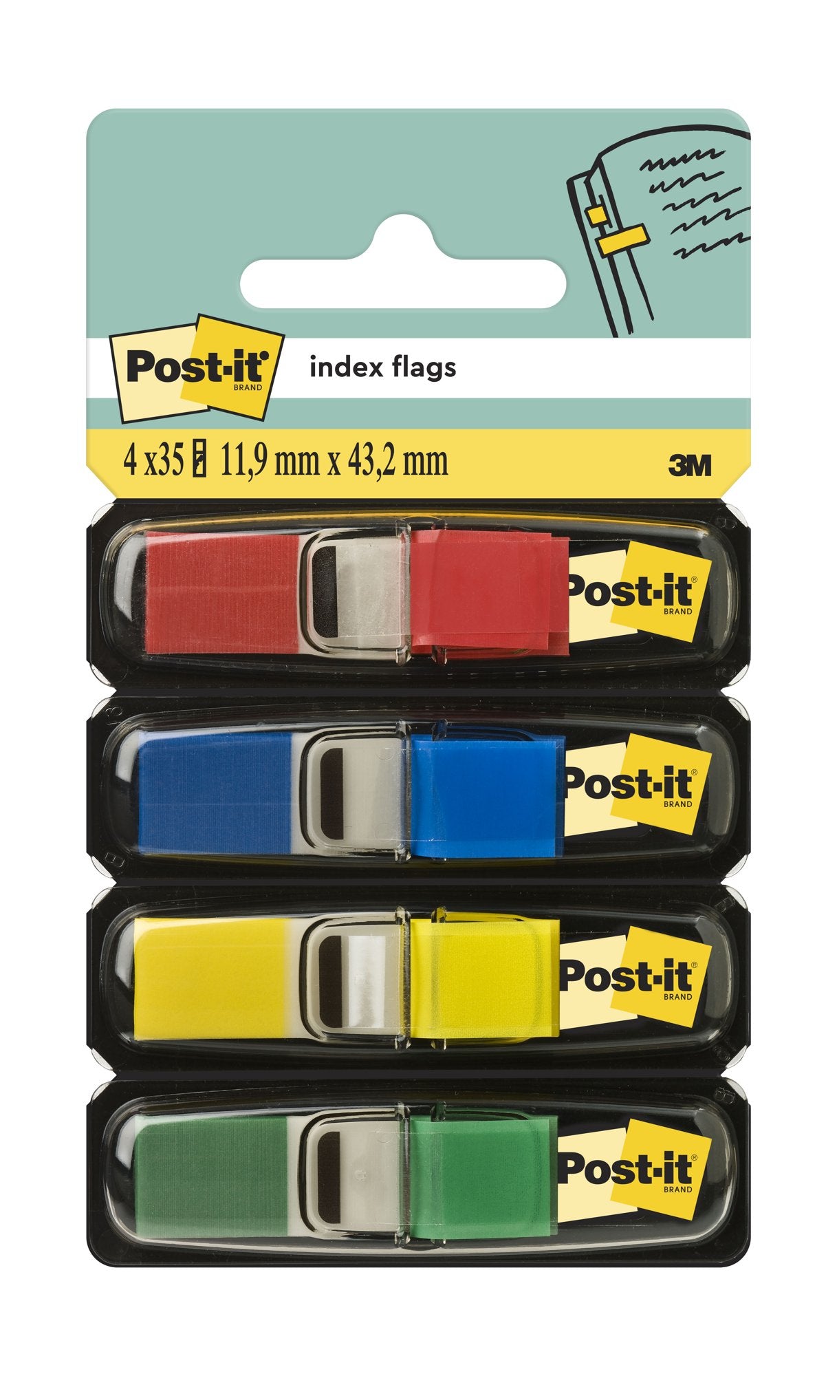 Post-it® Index Flags Small Yellow Red Blue and Green 11.9 mm x 43.2 mm 35 Flags/Dispenser 4 Dispensers/Pack