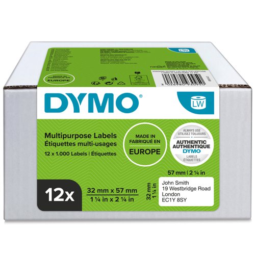 DYMO LabelWriter Self-Adhesive Easy-Peel Multi-Purpose Labels 32mm x 57mm White 12 Rolls of 1000 (Pack 12000 Labels) - 2093095
