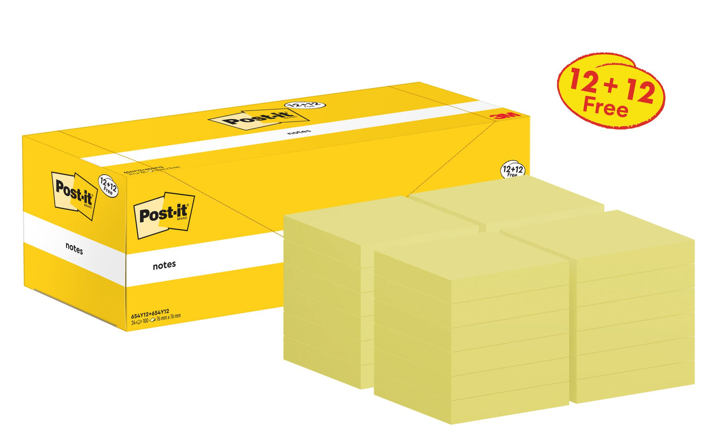 Post-it® Notes Canary Yellow 76 mm x 76 mm Promo Pack 100 Sheets/Pad 12 + 12 FREE Pads/Pack Cardboard Pack 100% PEFC SGSCH-PEFC-COC-110078