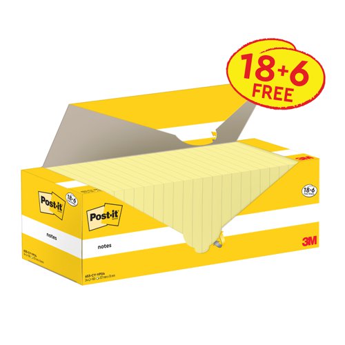 Post-it  Notes 76x127mm Canary Yellow Promo Pack 100 Sheets per Pad (Pack 18 + 6 Free) - 7100317836