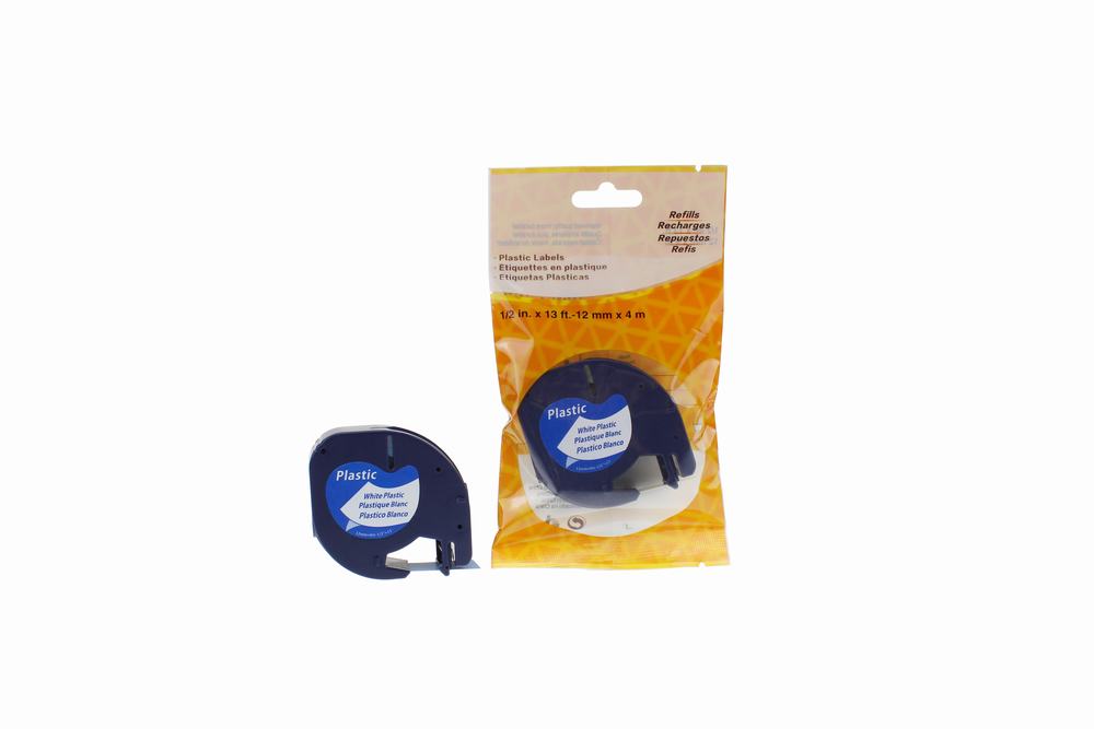 Comp Dymo  91201 Plastic Labelling Tape Cassette Black on White  12mm x 4m LetraTAG