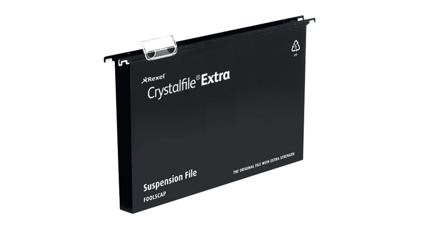 Rexel Crystalfile Extra Foolscap Suspension File Polypropylene 30mm Black (Pack 25) 3000081