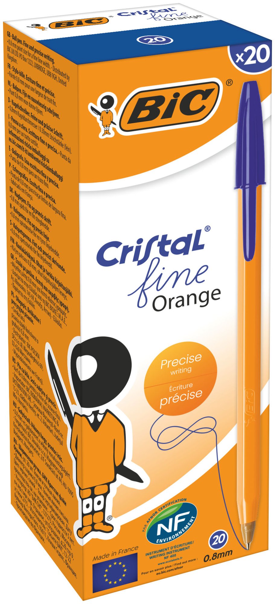 BIC Orange Ballpoint Pen Blue Fine 0.3mm Pack of 20