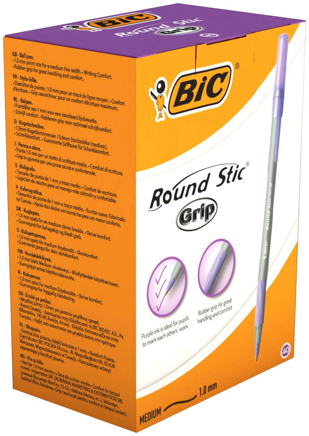 BIC Round Stic Grip Purple Ballpoint Pen Pack of 40