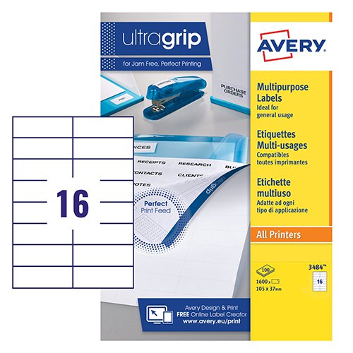 Avery UK Multipurpose Labels Ultragrip 105 x 37 mm White  (Pack 100 Labels) - 3484