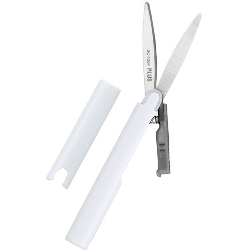Plus By Pentel Fluorine Coated Non Stick Curved Blades Pocket Scissors With Secure Locking Mechanism Airplane Friendly 135mm White 35698