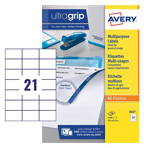 Avery Multipurpose Label 70x42mm 21 Per A4 Sheet White (Pack 2100 Labels) 3652