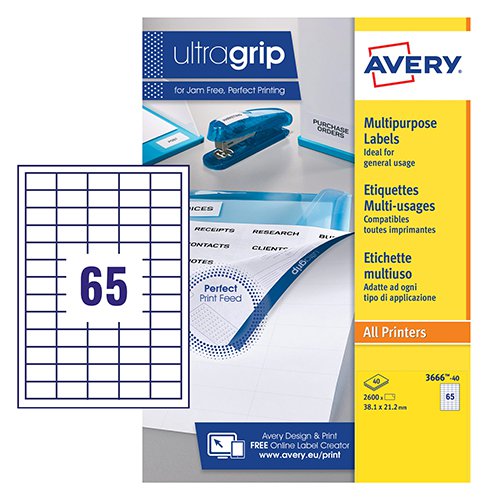 Avery Multipurpose Label 38x21.2mm 65 Per A4 Sheet White (Pack 2600 Labels) 3666-40