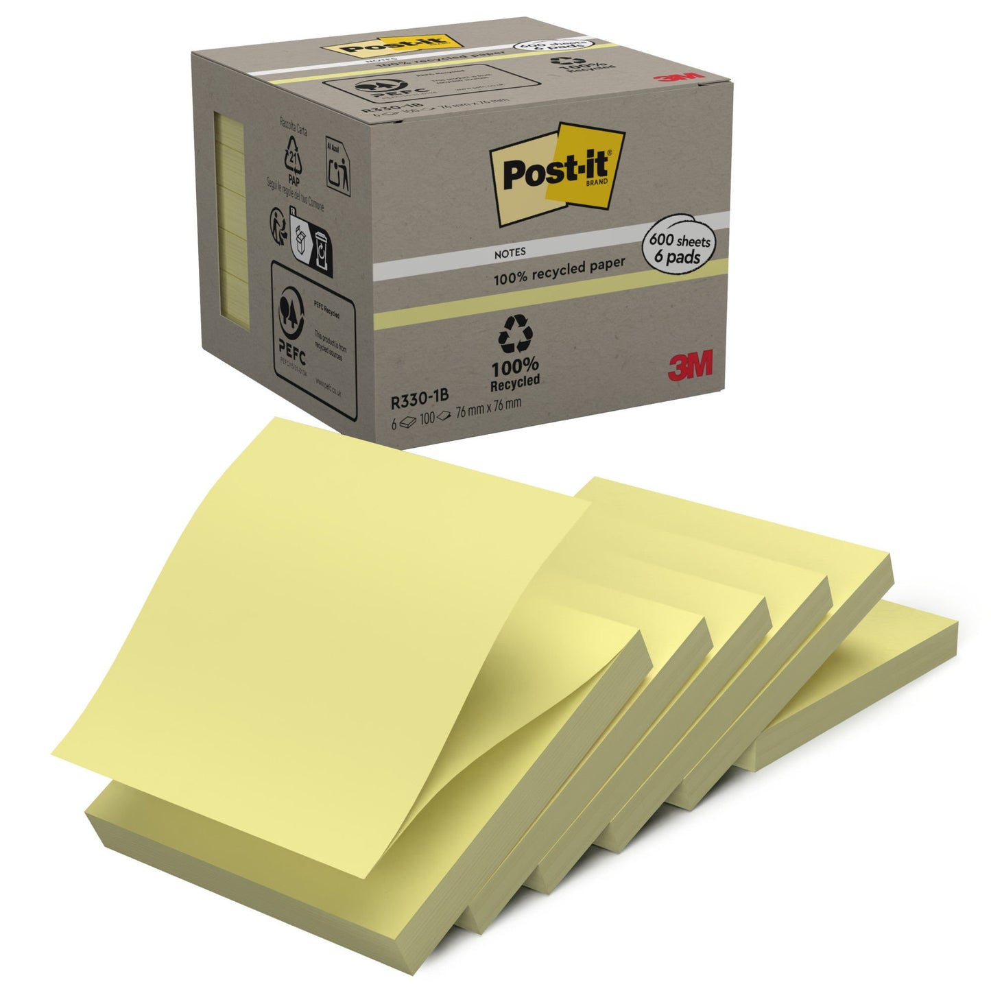 Post-it® Recycled Z-Notes Canary Yellow 76 mm x 76 mm 100 Sheets/Pad 6 Pads/Pack 100% PEFC Recycled SGSCH-PEFC-COC-110078