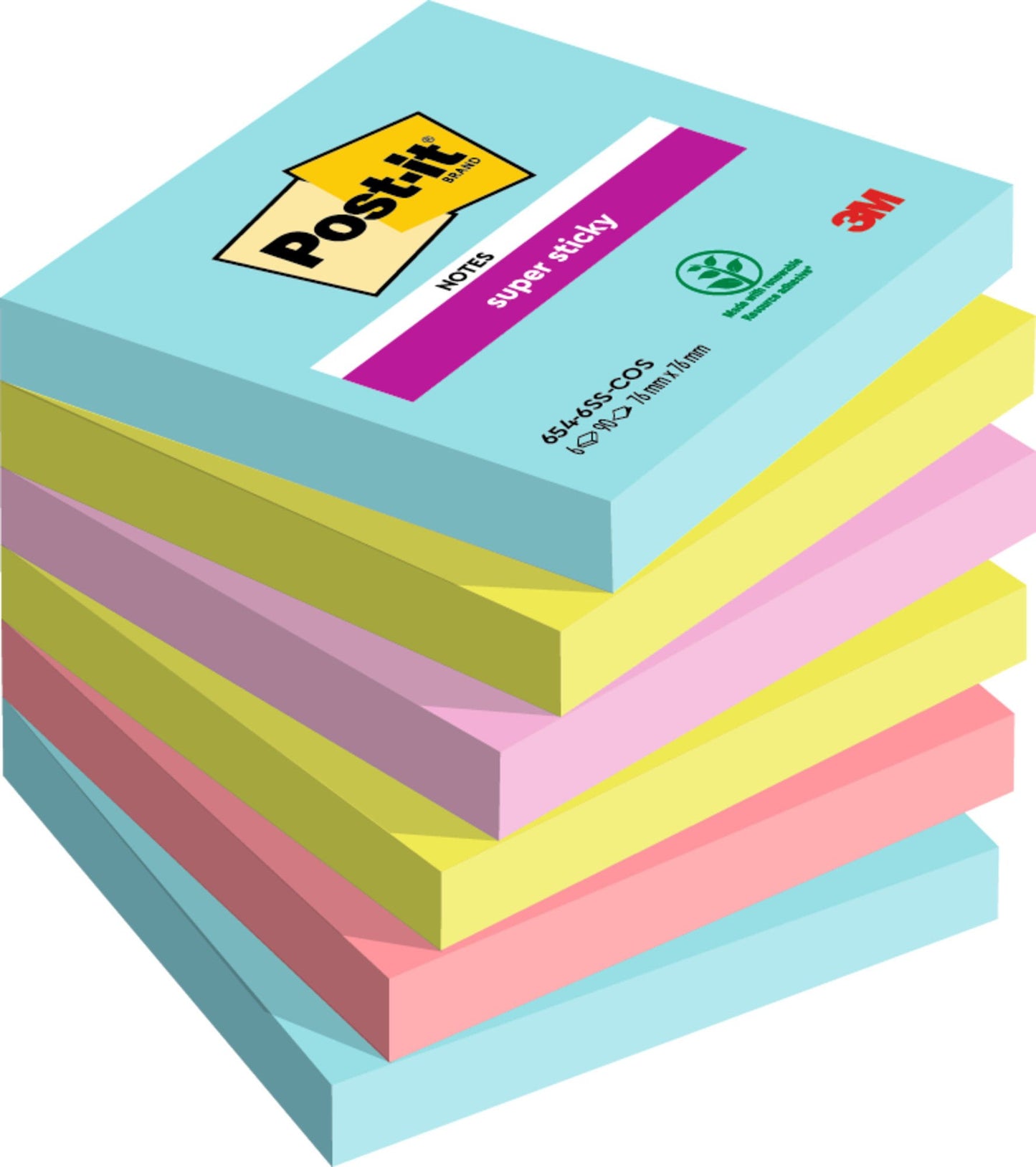 Post-it® Super Sticky Notes Cosmic Colour Collection 76 mm x 76 mm 90 Sheets/Pad 6 Pads/Pack 100% PEFC SGSCH-PEFC-COC-110078