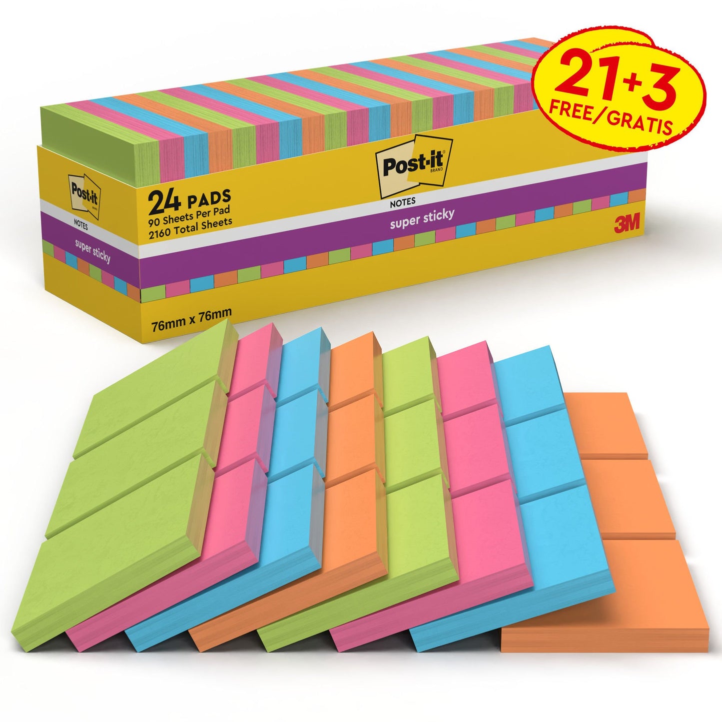 Post-it® Super Sticky Notes Assorted Colours 76 mm x 76 mm Promo Pack 90 Sheets/Pad 21 + 3 FREE Pads/Pack 100% PEFC SGSCH-PEFC-COC-110078