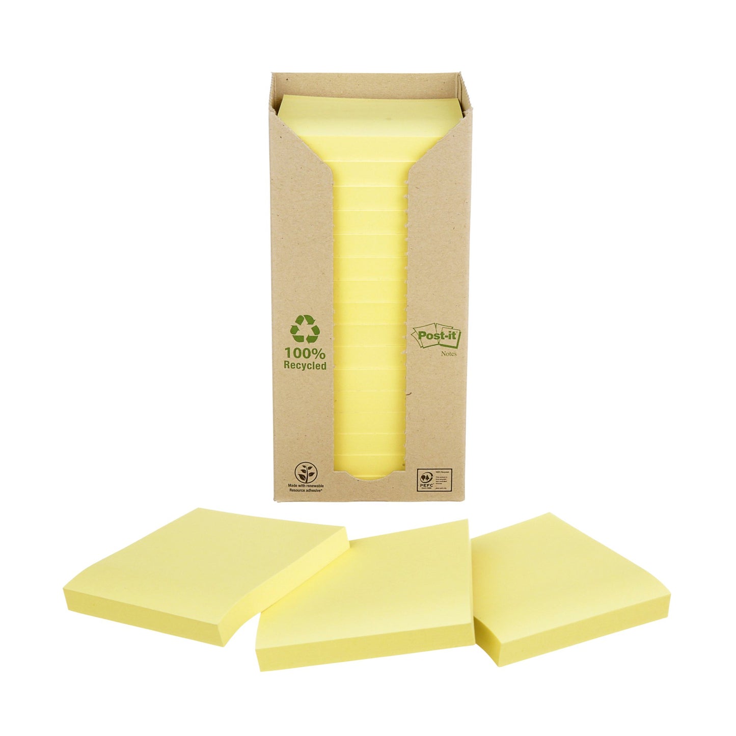 Post-it® Recycled Notes Canary Yellow 76 mm x 76 mm 100 Sheets/Pad 16 Pads/Pack 100% PEFC Recycled SGSCH-PEFC-COC-110078