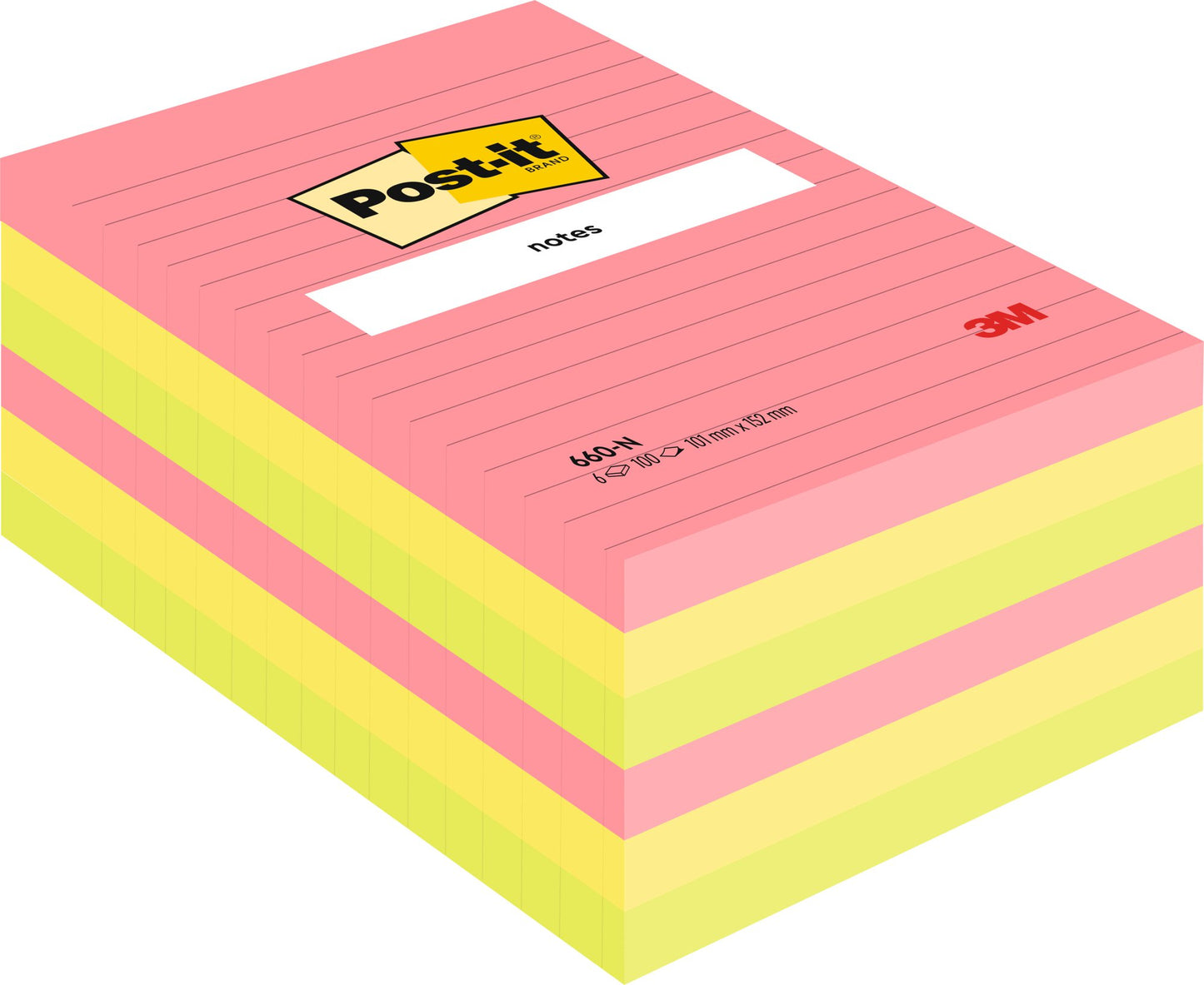 Post-it® Large Notes Assorted Neon Colours Lined 101 mm x 152 mm 100 Sheets/Pad 6 Pads/Pack 100% PEFC SGSCH-PEFC-COC-110078