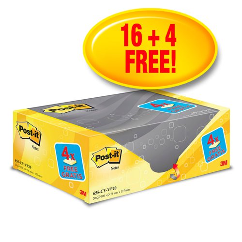 Post-it Notes Value Pack 76x127mm 100 Sheets Canary Yellow (Pack 20) 655CY-VP20 - 7100172334