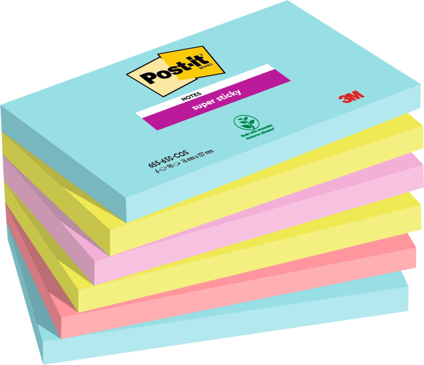 Post-it® Super Sticky Notes Cosmic Colour Collection 76 mm x 127 mm 90 Sheets/Pad 6 Pads/Pack 100% PEFC SGSCH-PEFC-COC-110078