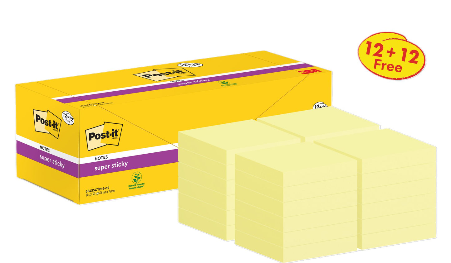 Post-it® Super Sticky Notes Canary Yellow 76 mm x 76 mm Promo Pack 90 Sheets/Pad 12 + 12 FREE Pads/Pack Cardboard Pack 100% PEFC SGSCH-PEFC-COC