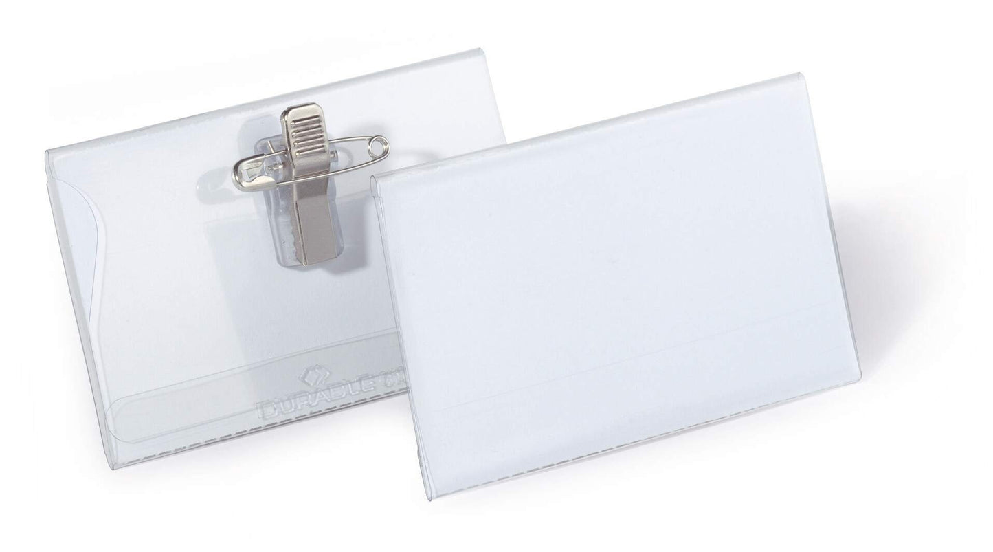 Durable Premium Clip & Pin Name Badge Holders + Inserts | 50 Pack | 54 x 90mm