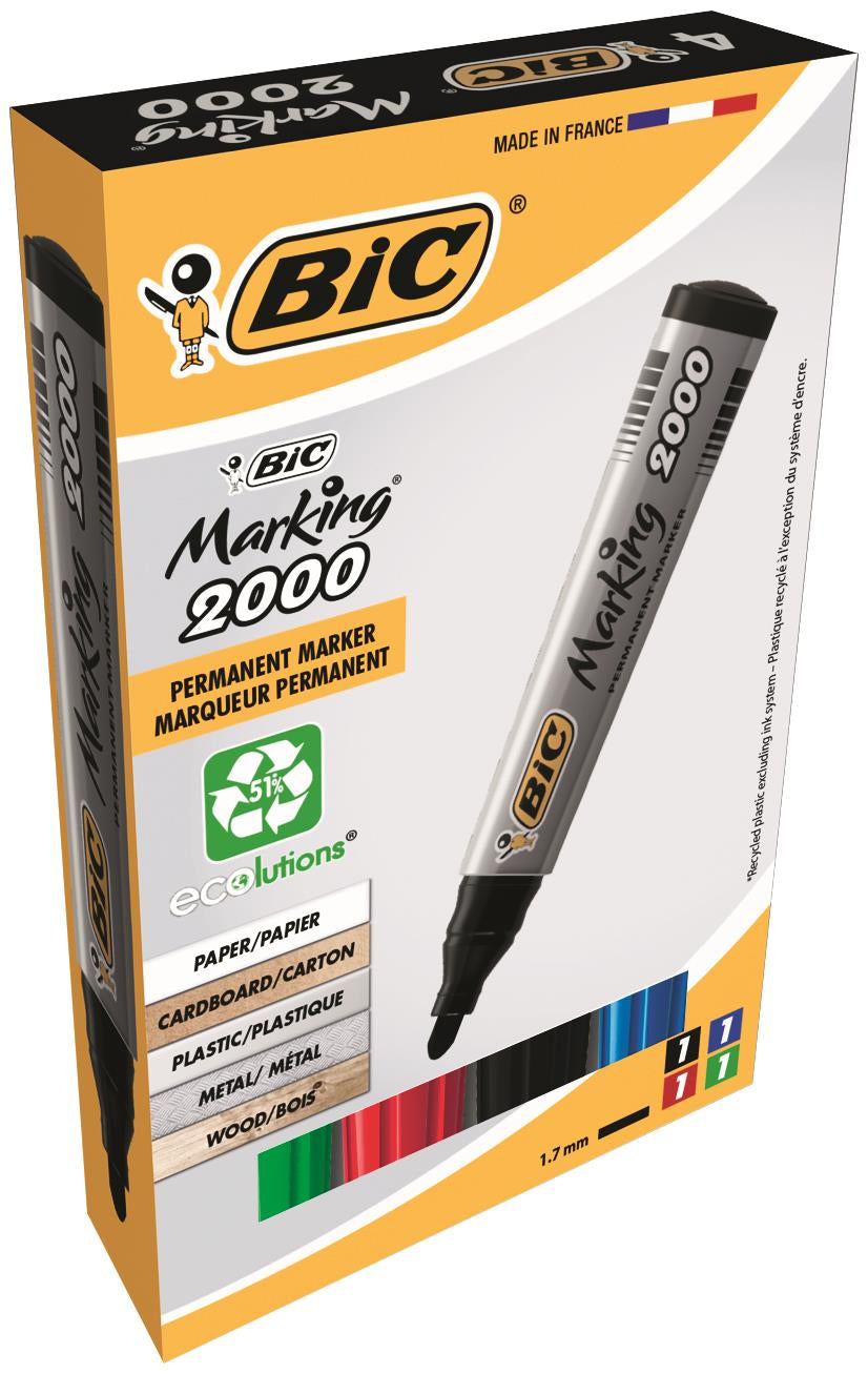 Bic Marking 2000 Permanent Marker Bullet Tip 1.7mm Line Assorted Colours (Pack 4) - 8209112