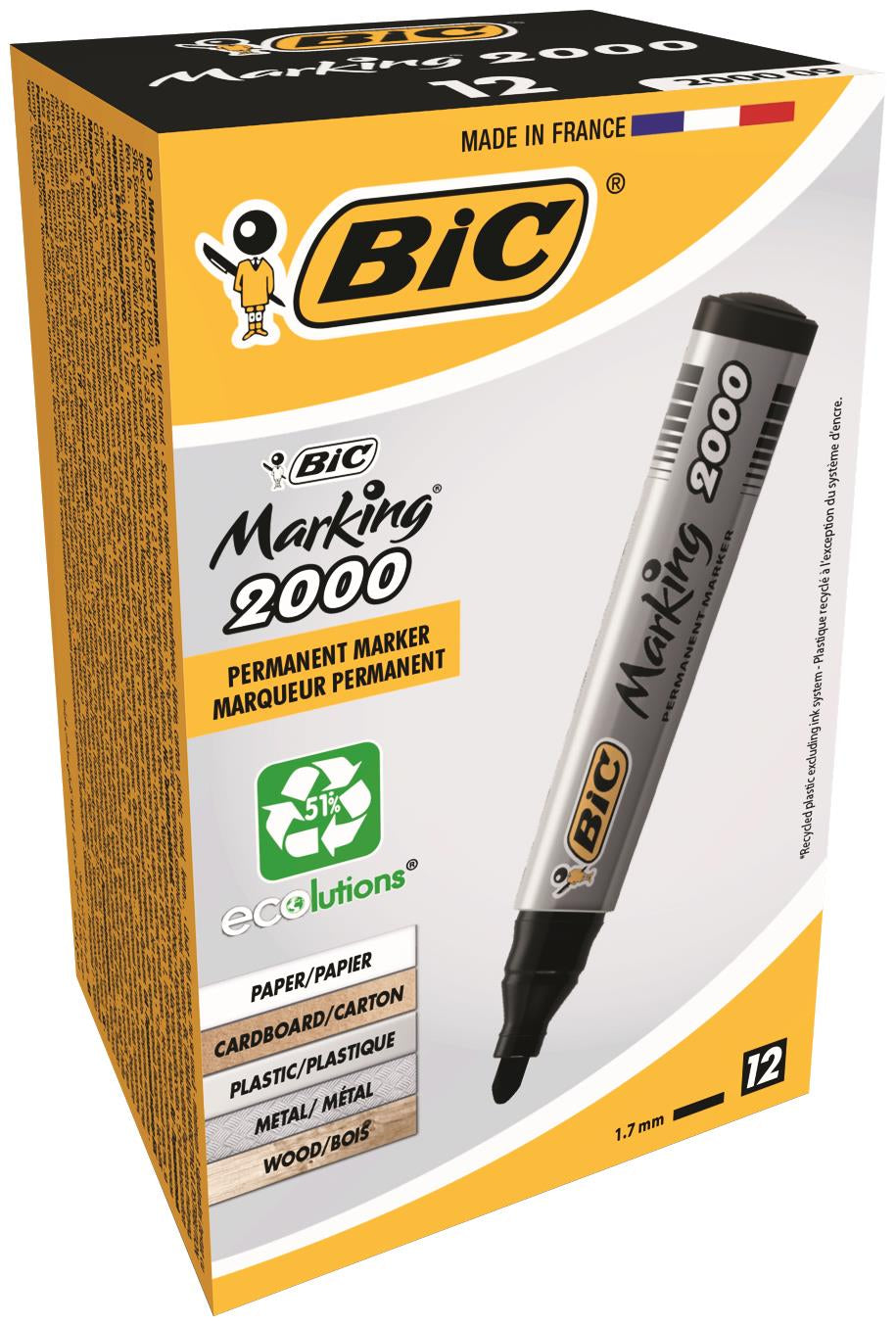 BIC 2000 Permanent Marker Bullet Tip Black Pack of 12