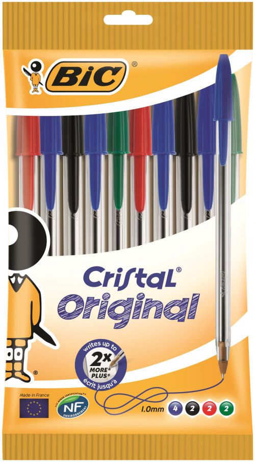 Bic Cristal Ballpoint Pen 1.0mm Tip 0.32mm Line Black/Blue/Green/Red (Pack 10) - 516354