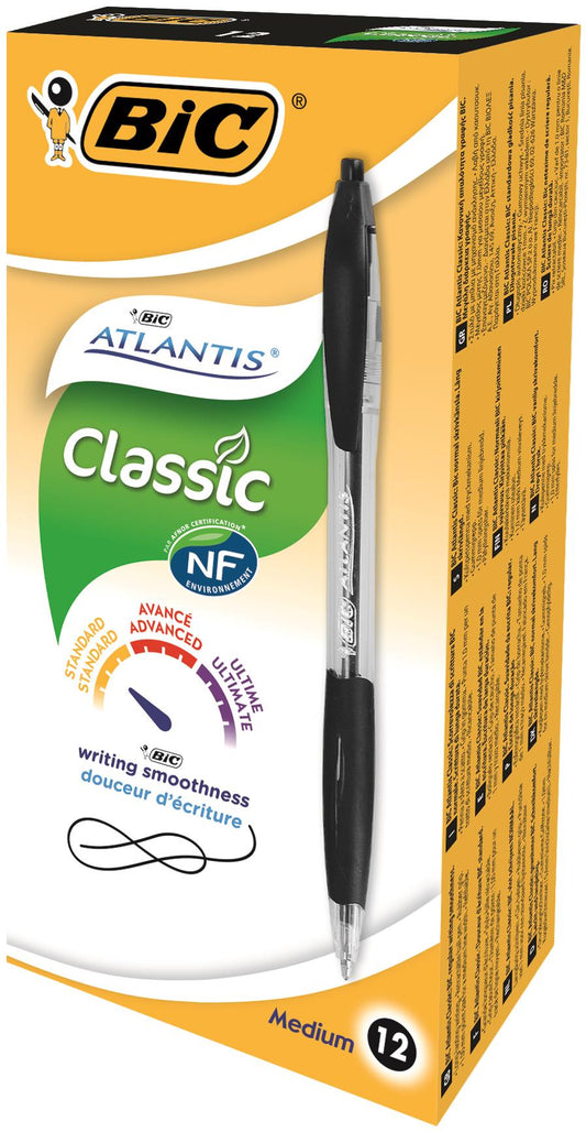 Bic Atlantis Retractable Ballpoint Pen 1mm Tip 0.32mm Line Black (Pack 12) - 8871321