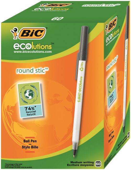 Bic Ecolutions Round Stic Ballpoint Pen 74% Recycled 1mm Tip 0.32mm Line Black (Pack 60) - 8932392
