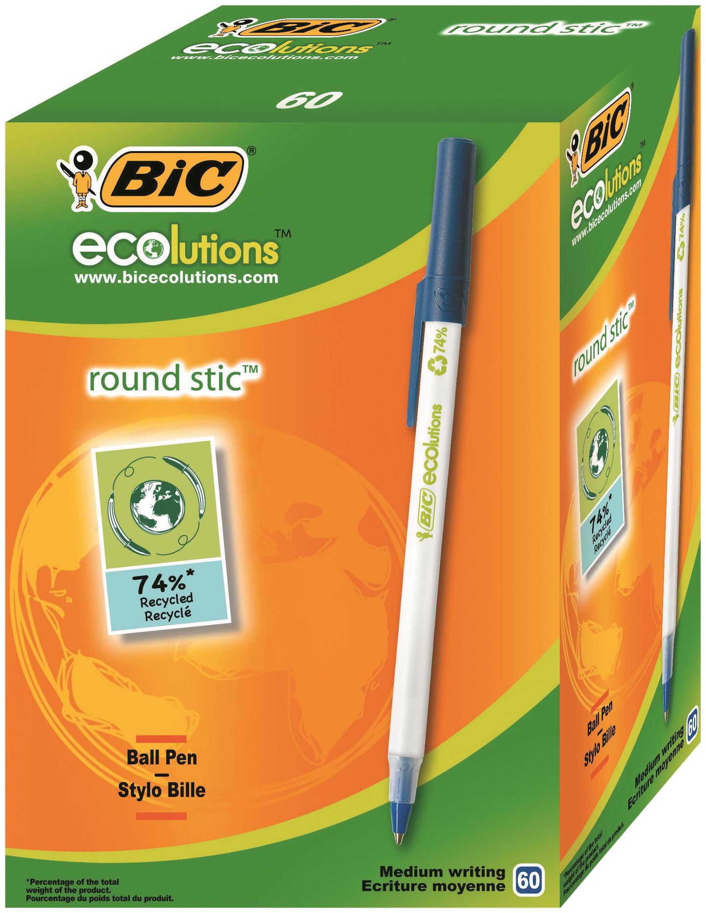 Bic Ecolutions Round Stic Ballpoint Pen 74% Recycled 1mm Tip 0.32mm Line Blue (Pack 60) - 8932402