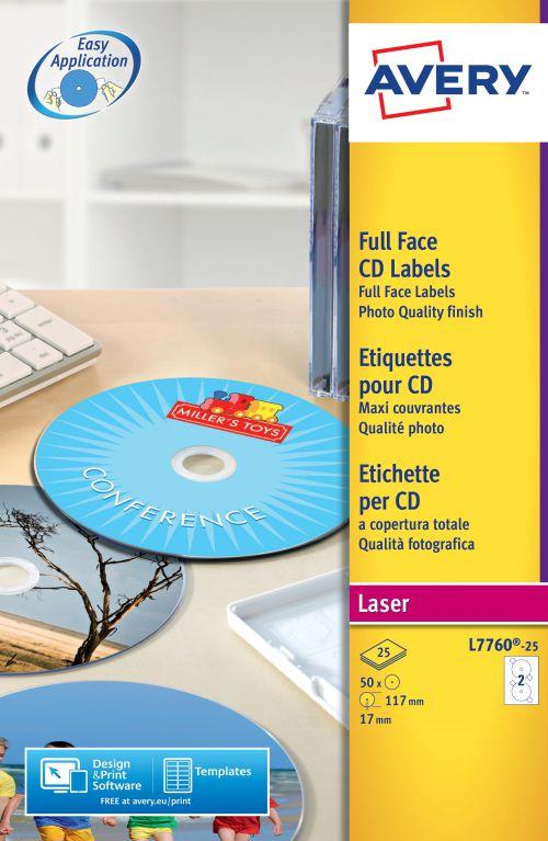 Avery Laser Full Face CD/DVD Glossy Label 117mm Diameter 2 Per A4 Sheet White (Pack 25 Labels) L7760-25 image 0