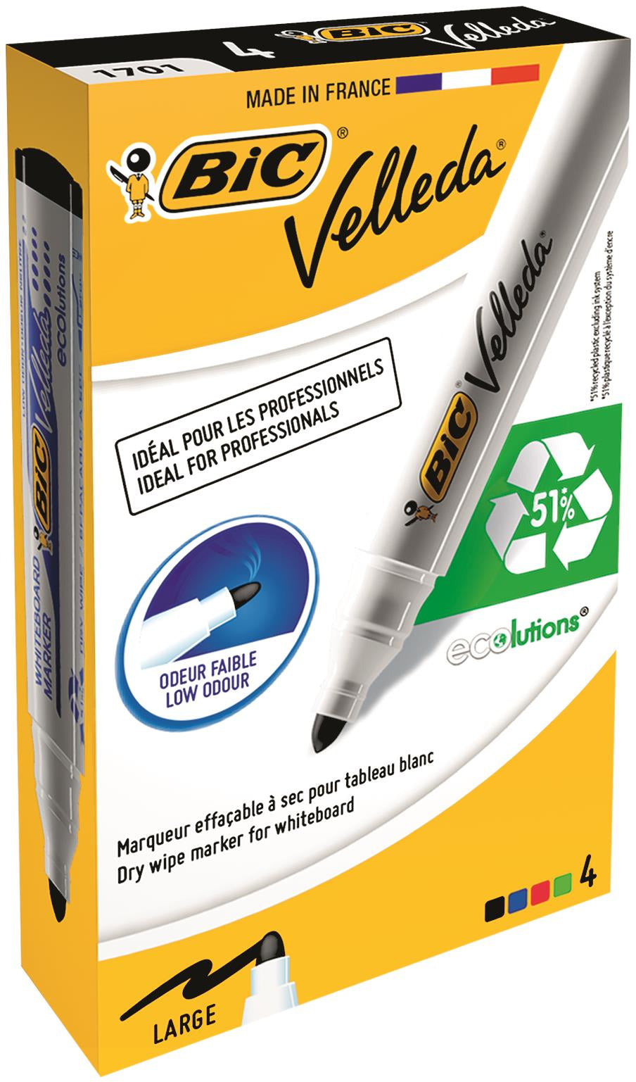 Bic Velleda 1701 Whiteboard Marker Bullet Tip 1.5mm Line Assorted Colours (Pack 4) - 904941
