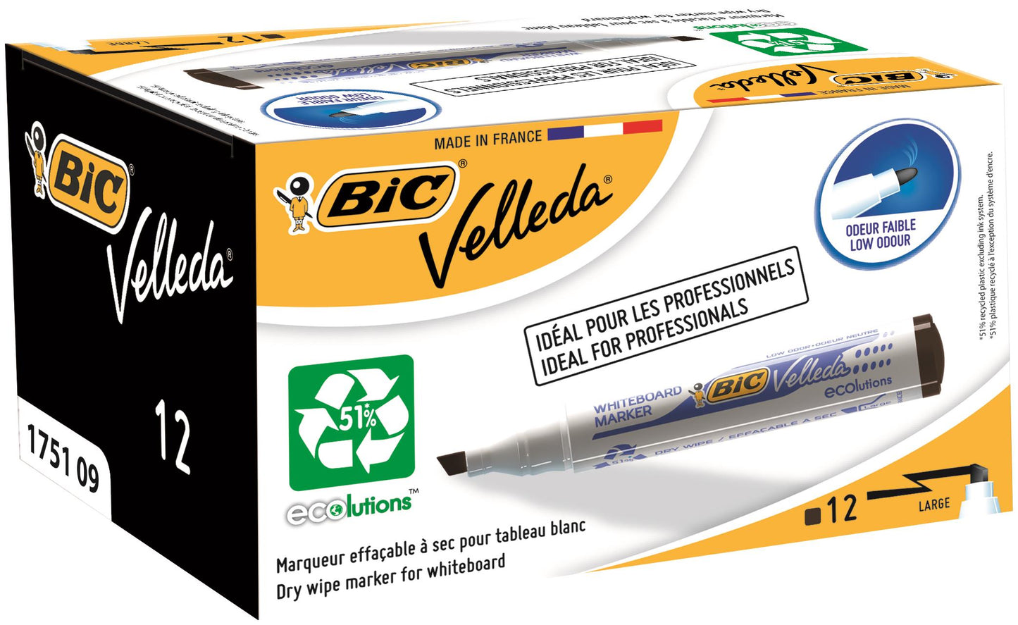 Bic Velleda 1751 Whiteboard Marker Chisel Tip 3.7-5.5mm Line Black (Pack 12) - 904946