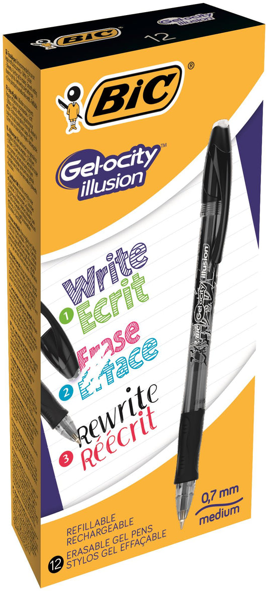 Bic Gel-ocity Illusion Erasable Gel Rollerball Pen 0.7mm Tip 0.3mm Line Black (Pack 12) - 943441