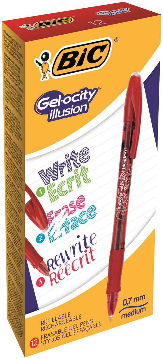 Bic Gel-ocity Illusion Erasable Gel Rollerball Pen 0.7mm Tip 0.3mm Line Red (Pack 12) - 943442