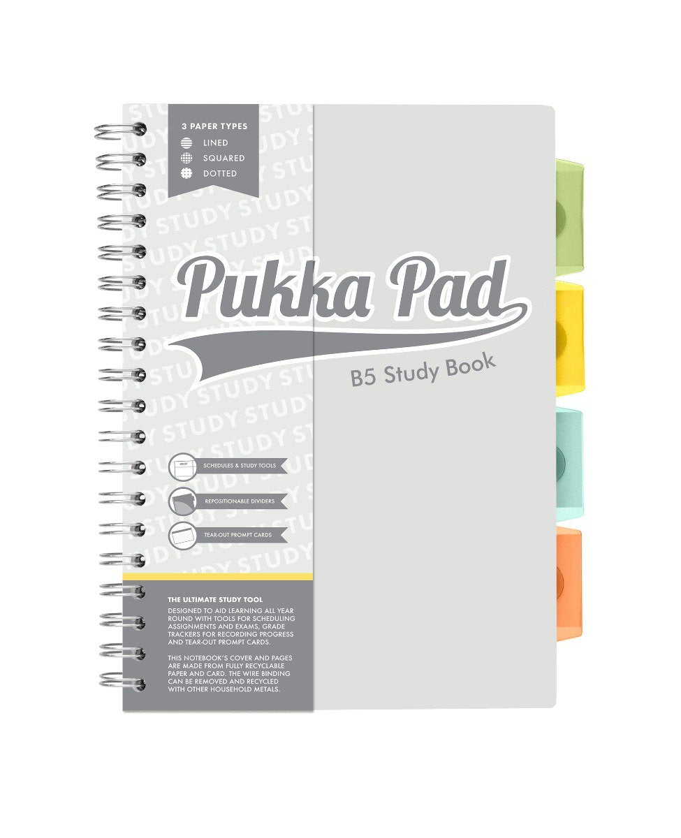 Pukka Pad B5 Study Book with 4 Coloured Dividers 3 Types of Paper Ruling and Revision Cards
