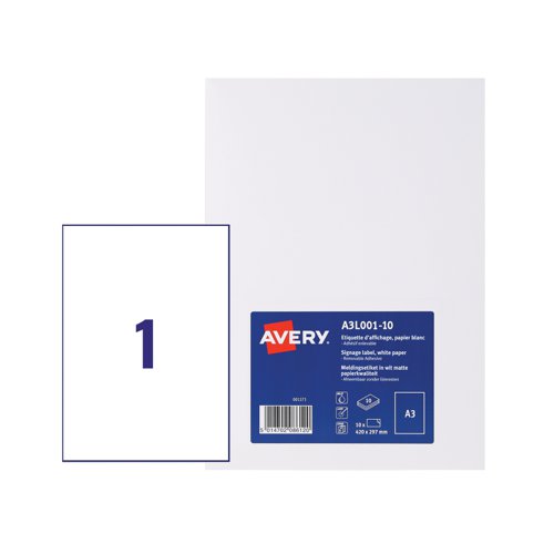 Avery Display Label A3 Removable Matt White (Pack 10 Labels) A3L001-10