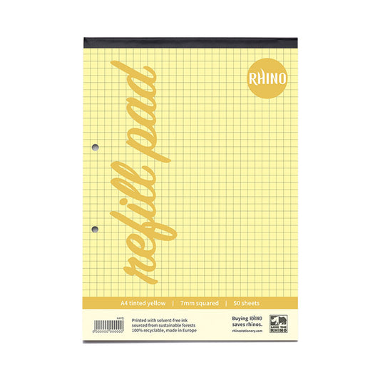 RHINO A4 Yellow Paper Refill Pad 100 Page 7mm Squared (Pack of 6)