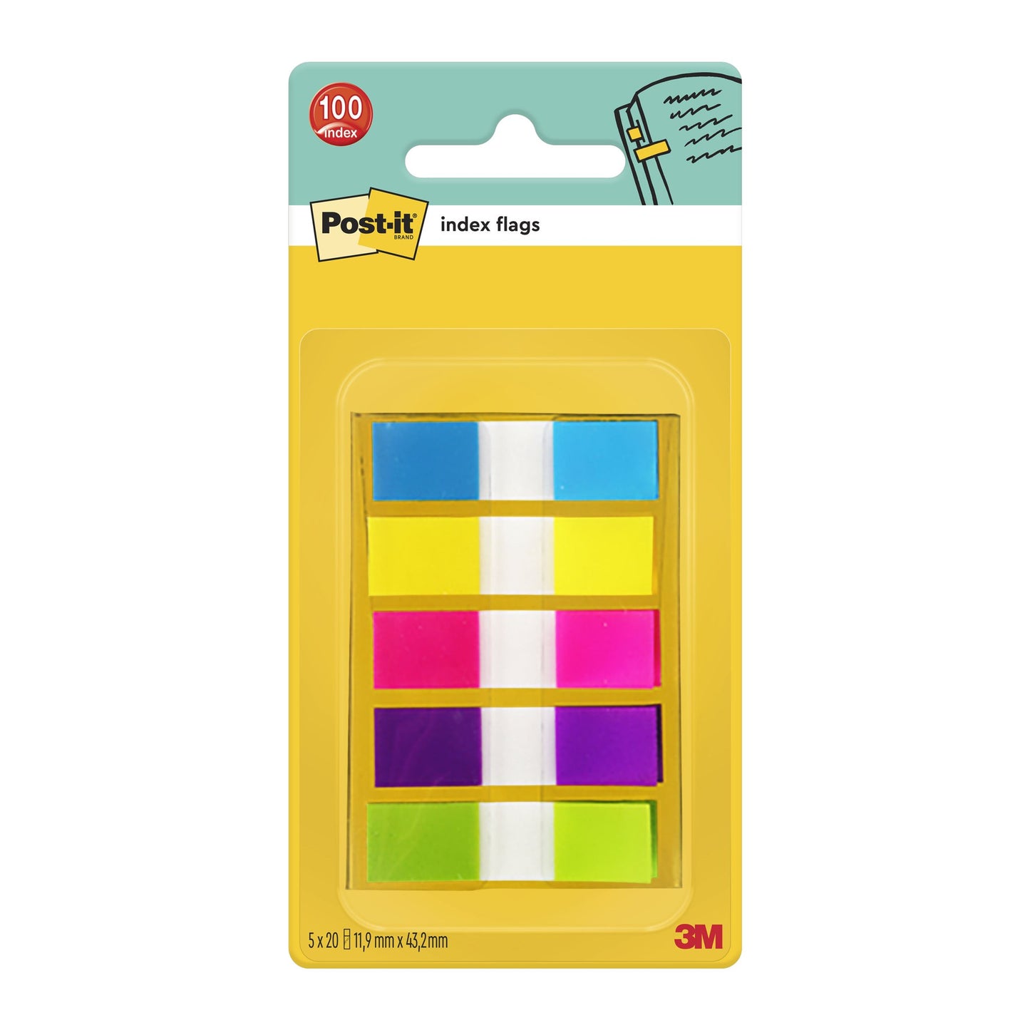 Post-it® Index Flags Small Assorted Neon Colours 11.9 mm x 43.2 mm 100 Flags/Dispenser 1 Dispenser/Pack