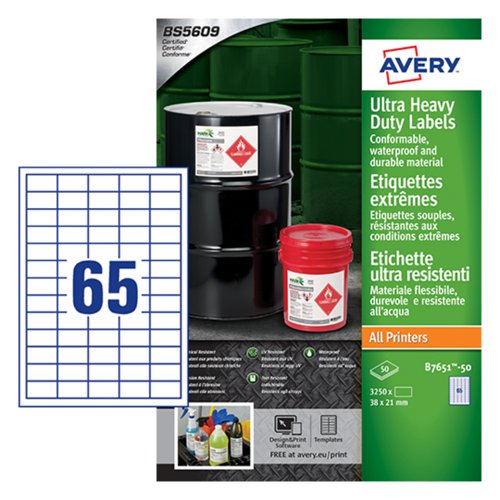 Avery Ultra Resistant Labels 38 x 21 mm Permanent 65 Labels Per Sheet 3250 Labels Per Pack B7651-50