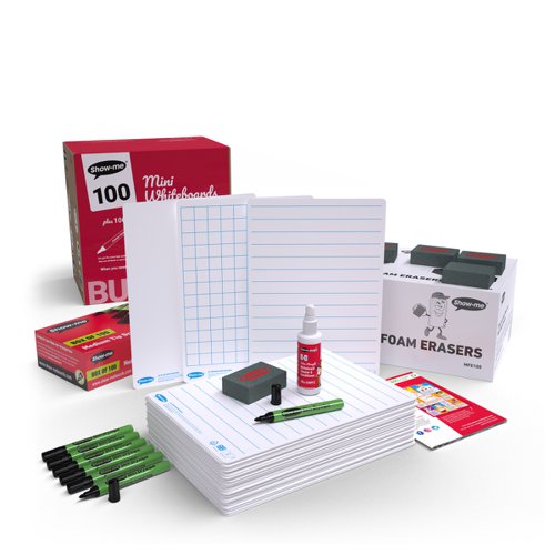 Show-Me Bulk Pack of Curriculum Whiteboards A4 Assorted Includes Pens and Erasers PK100 - B/MCB DD