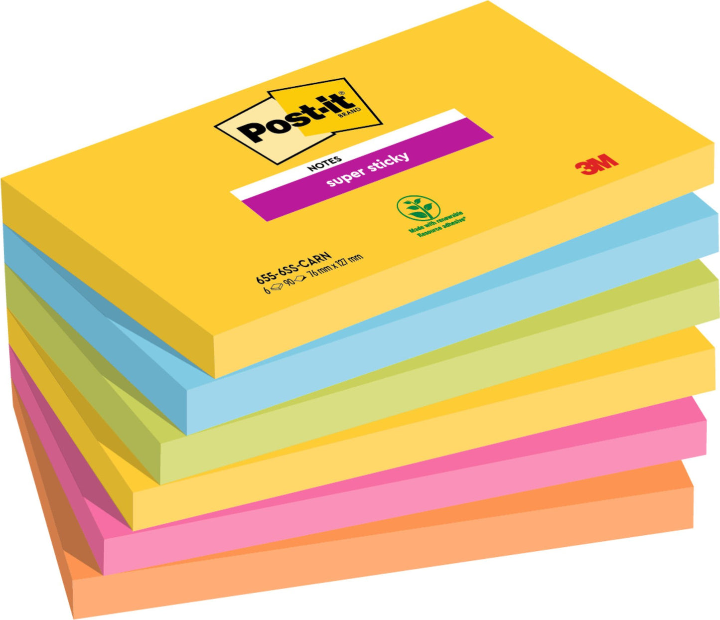 Post-it® Super Sticky Notes Carnival Colour Collection 76 mm x 127 mm 90 Sheets/Pad 6 Pads/Pack 100% PEFC SGSCH-PEFC-COC-110078