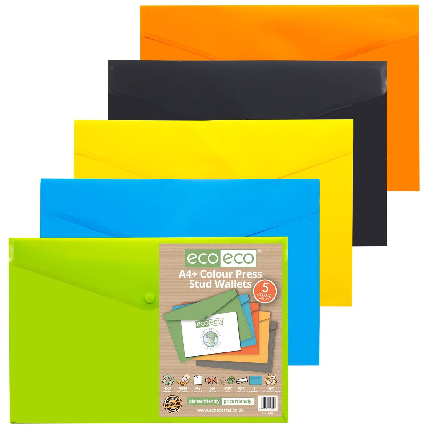 Pack 5 A4+ Colour Press Stud Wallets